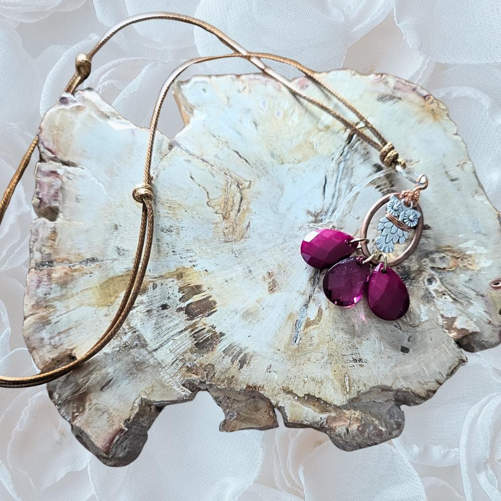 Copper Wrapped Owl Necklace with Magenta Pink Purple Drops, Adjustable Cord - Thumbnail 5