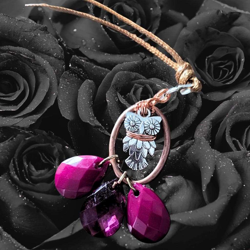 Copper Wrapped Owl Necklace with Magenta Pink Purple Drops, Adjustable Cord