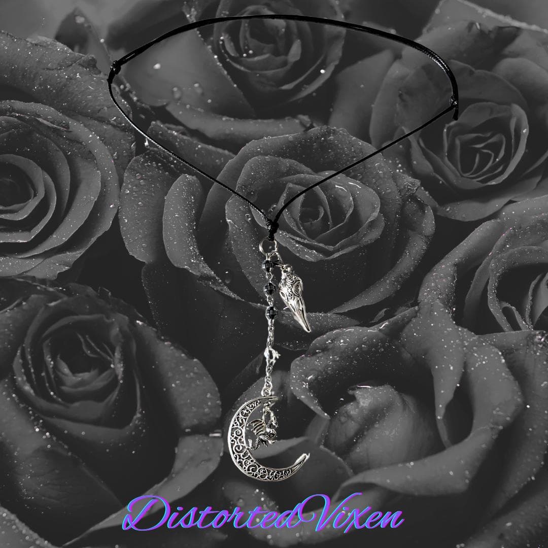 Hematite Dragon Moon Raven Skull Necklace, Witchy Goth Talisman - Thumbnail 7