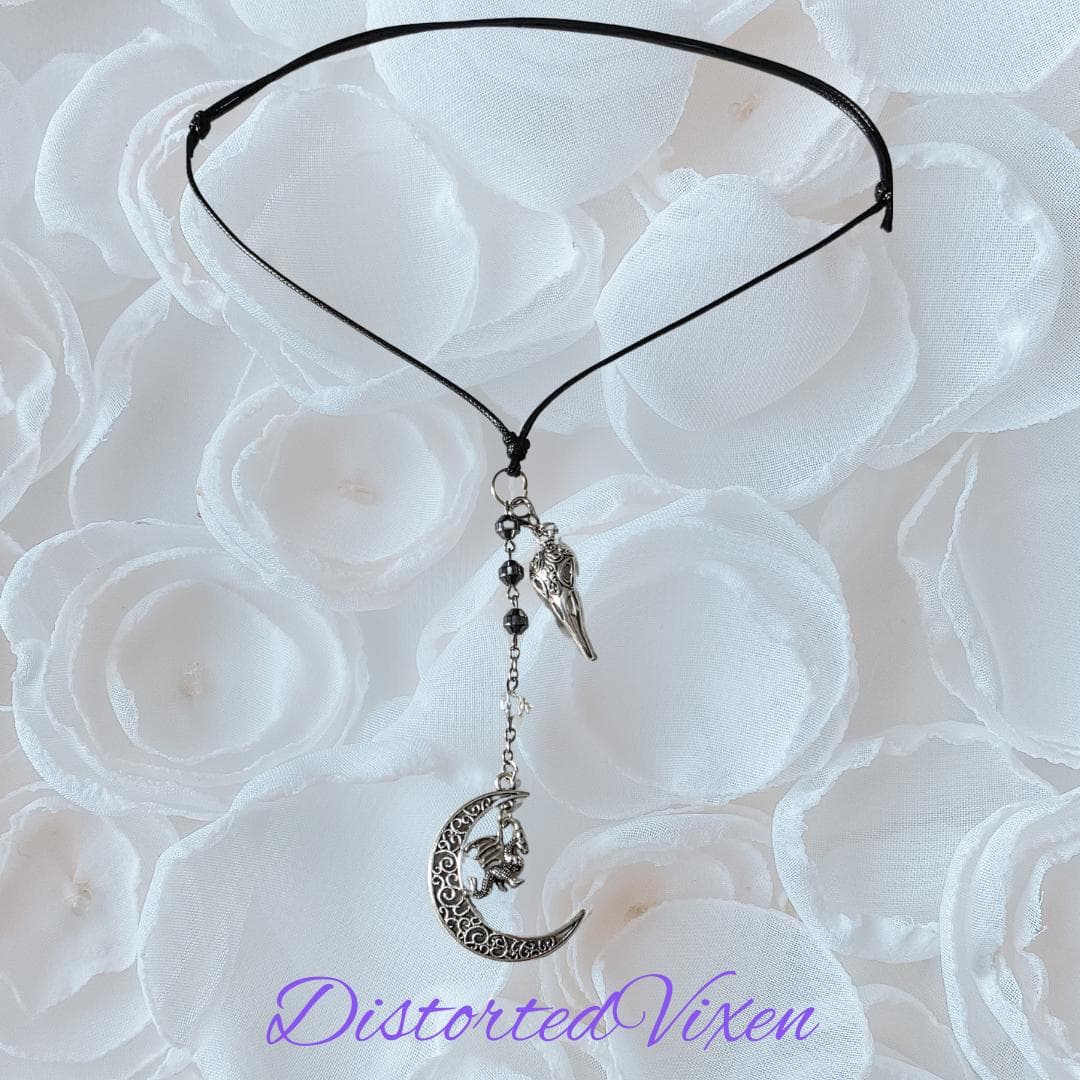 Hematite Dragon Moon Raven Skull Necklace, Witchy Goth Talisman - Thumbnail 11