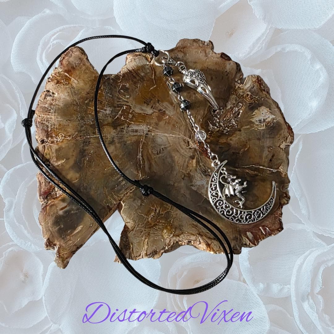 Hematite Dragon Moon Raven Skull Necklace, Witchy Goth Talisman - Thumbnail 9