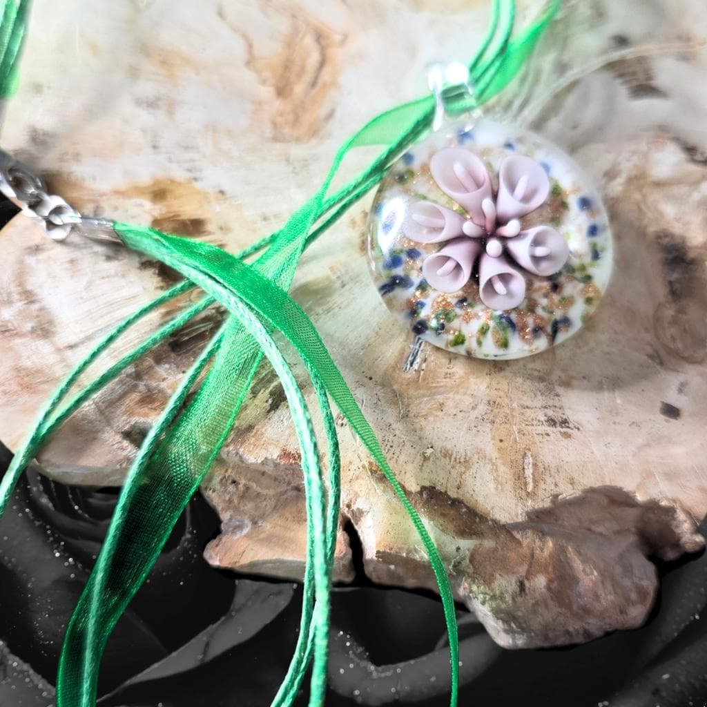 Green Ribbon Flower Pendant Necklace, Botanical Jewelry - Thumbnail 4