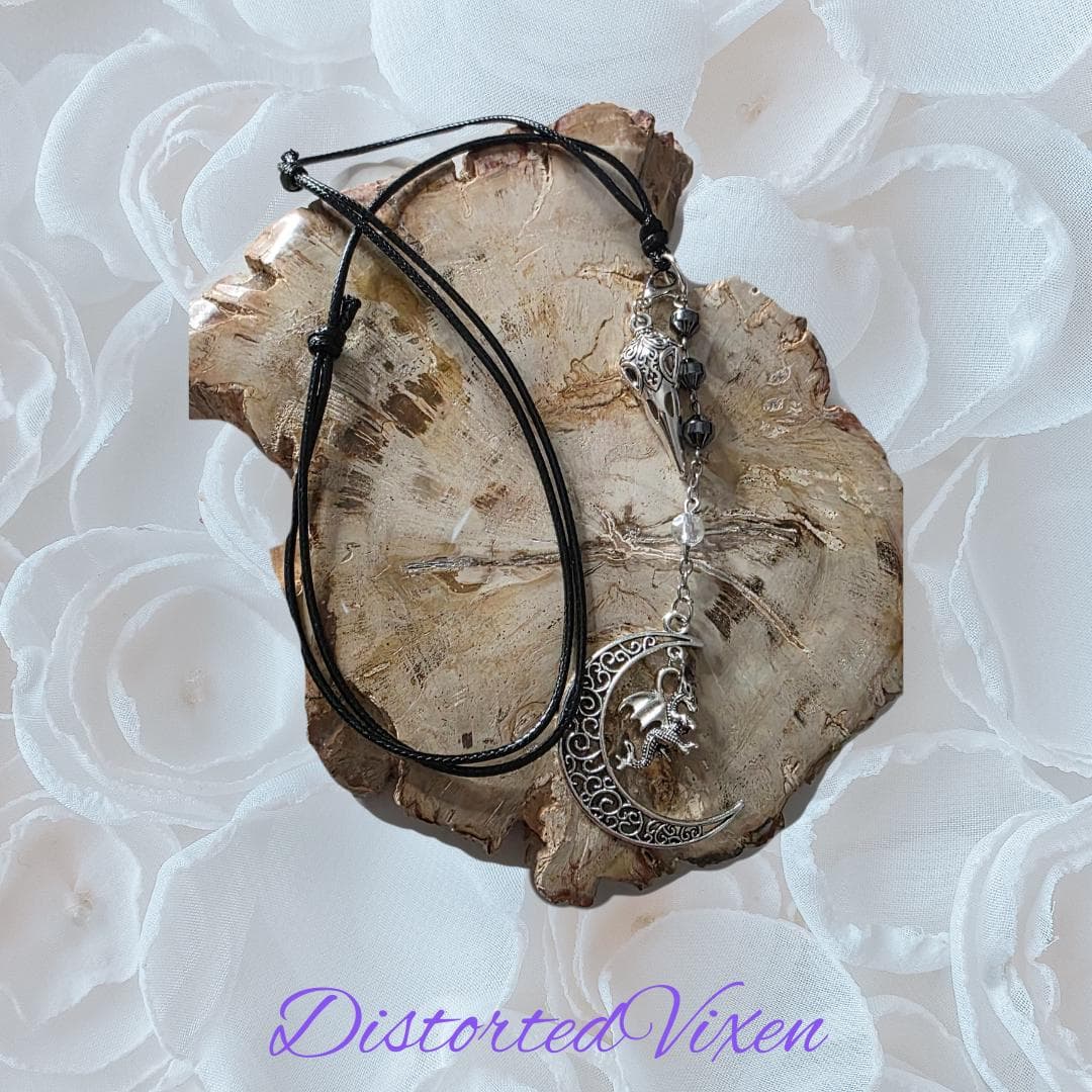 Hematite Dragon Moon Raven Skull Necklace, Witchy Goth Talisman - Thumbnail 8