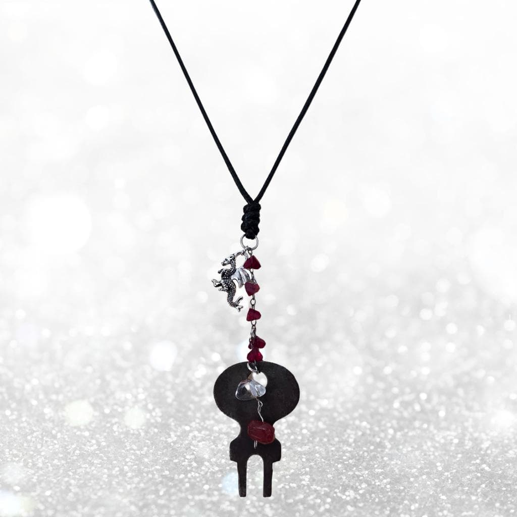 Antique Skeleton Key Necklace Clear Quartz & Carnelian - Gothic Dragon Talisman - Thumbnail 7