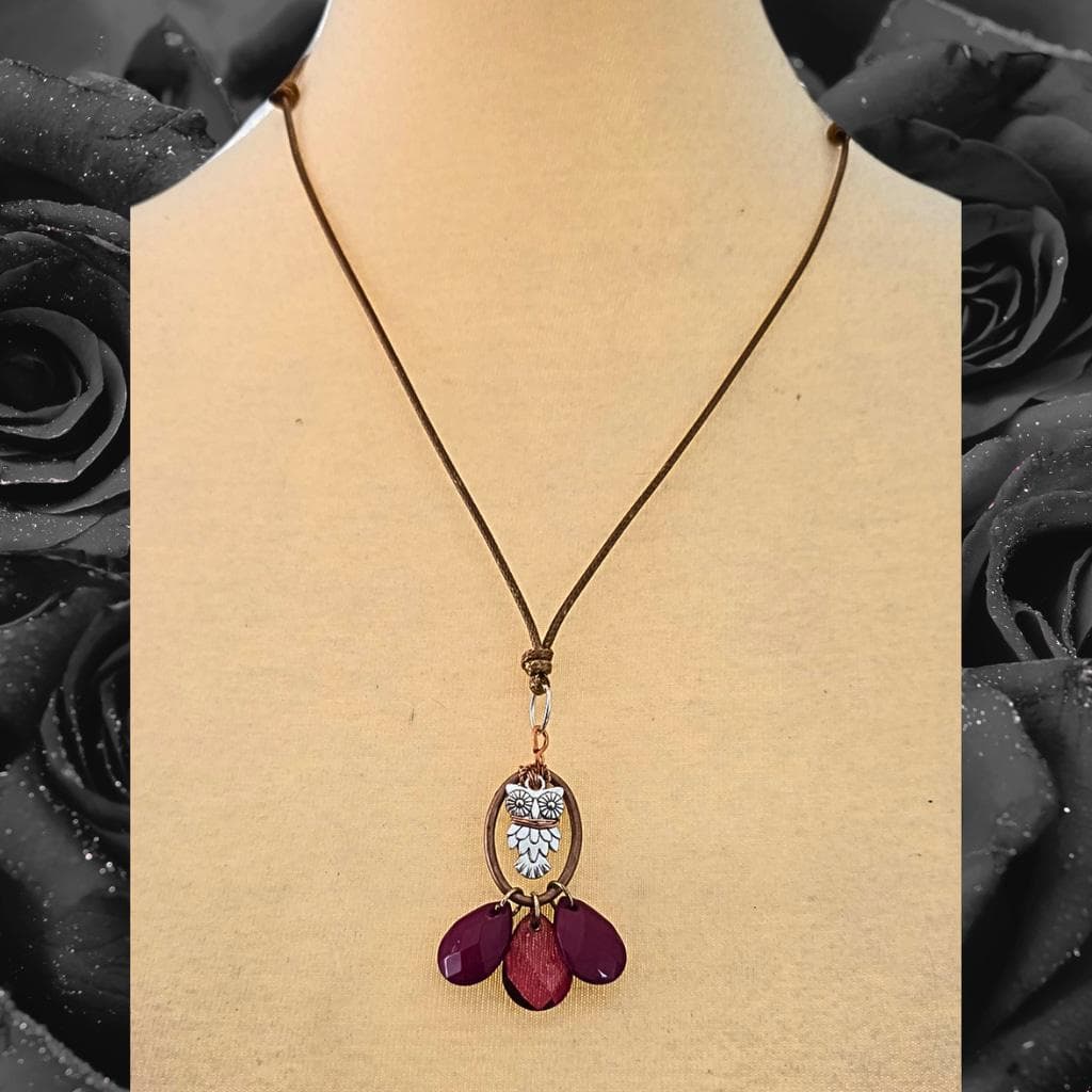 Copper Wrapped Owl Necklace with Magenta Pink Purple Drops, Adjustable Cord - Thumbnail 3