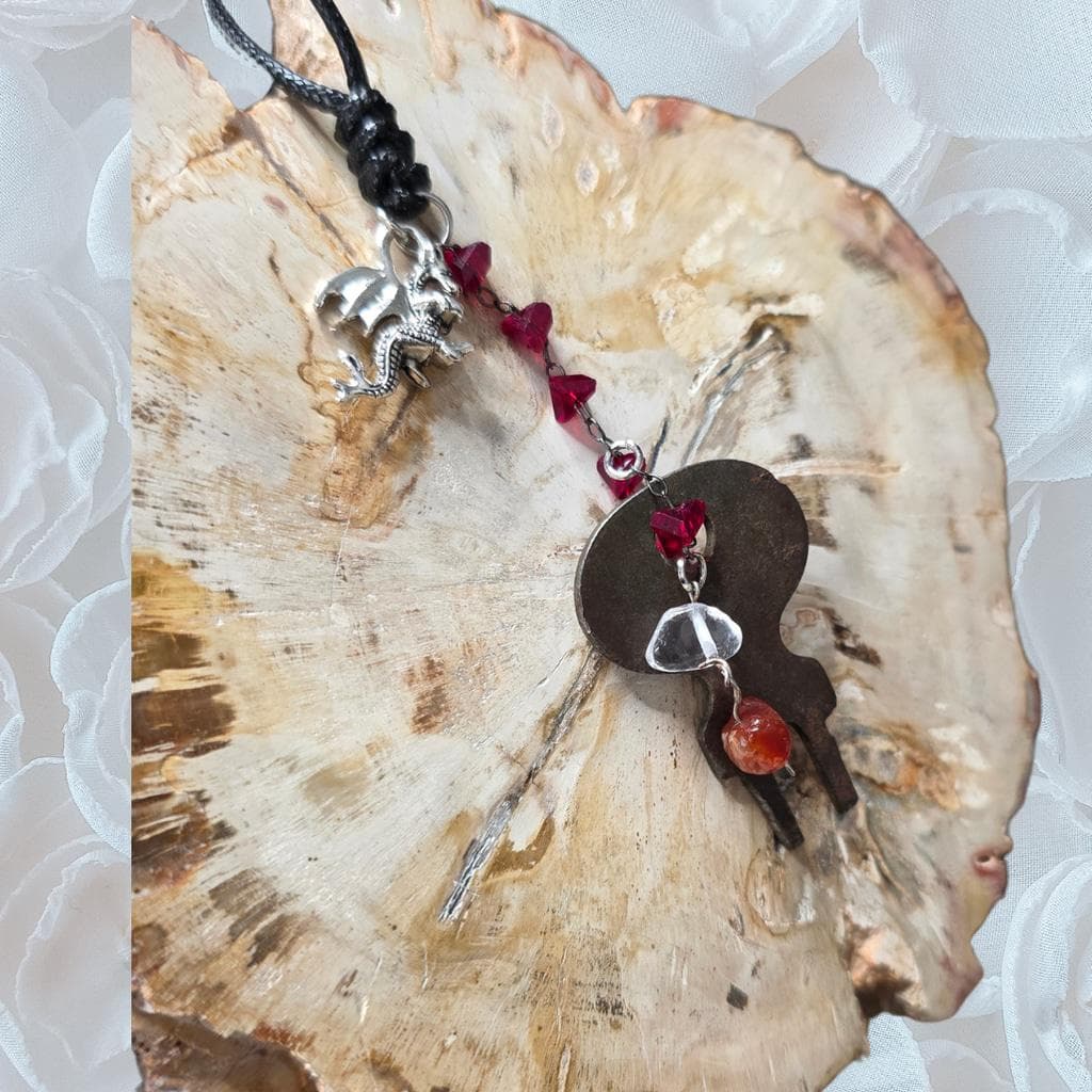Antique Skeleton Key Necklace Clear Quartz & Carnelian - Gothic Dragon Talisman - Thumbnail 3