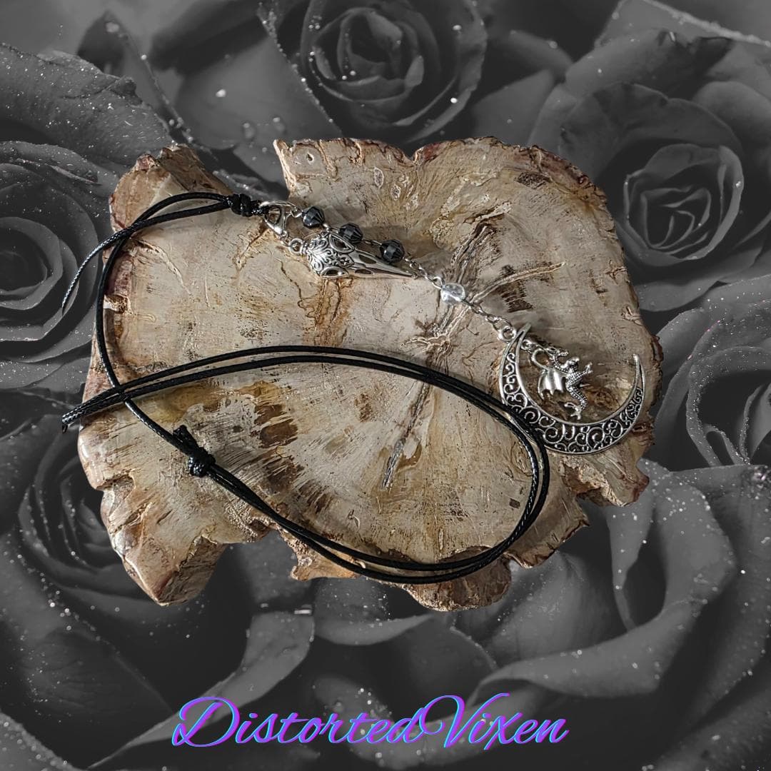 Hematite Dragon Moon Raven Skull Necklace, Witchy Goth Talisman - Thumbnail 4