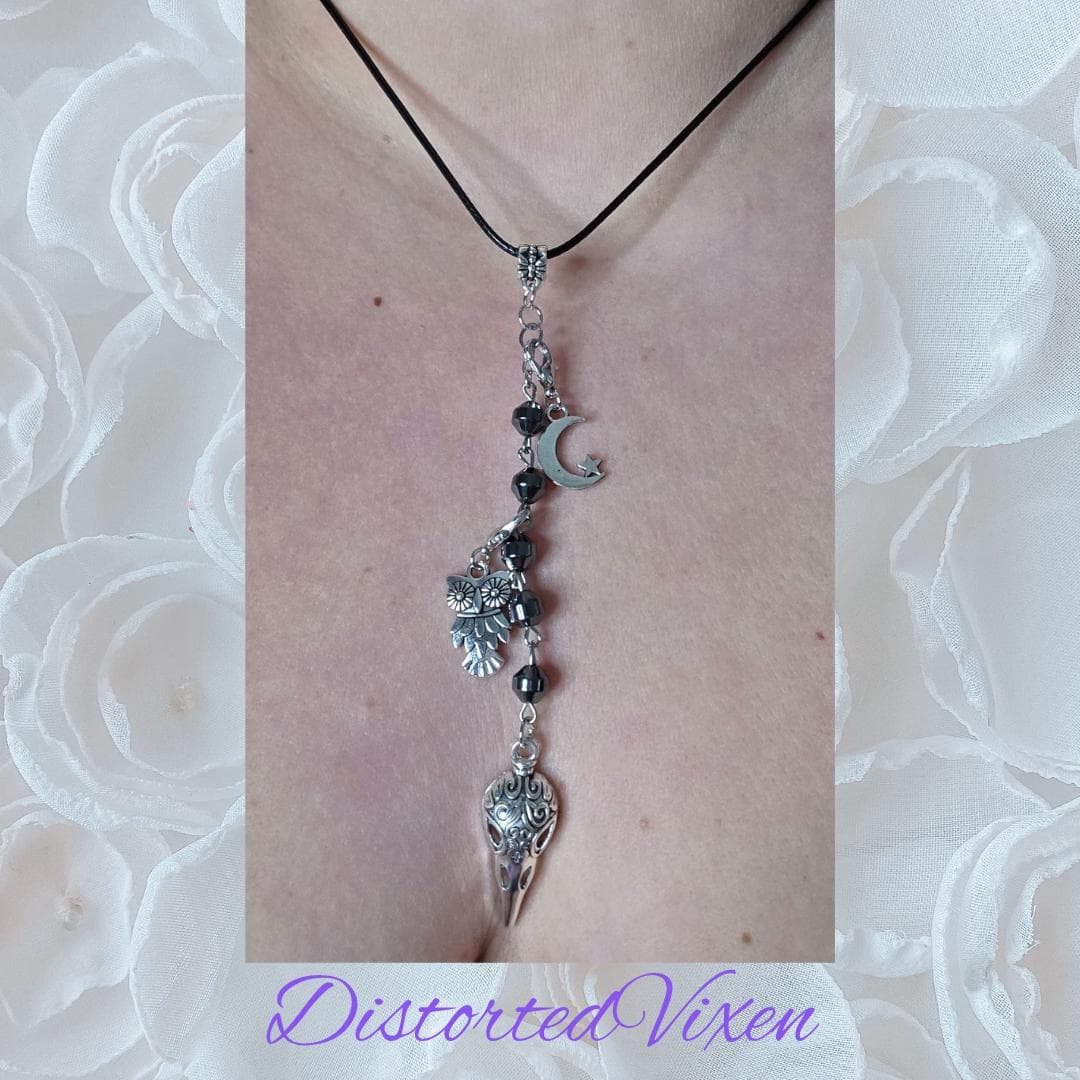 Raven Skull Necklace, Hematite Beads, Witchy Goth Talisman - Thumbnail 9