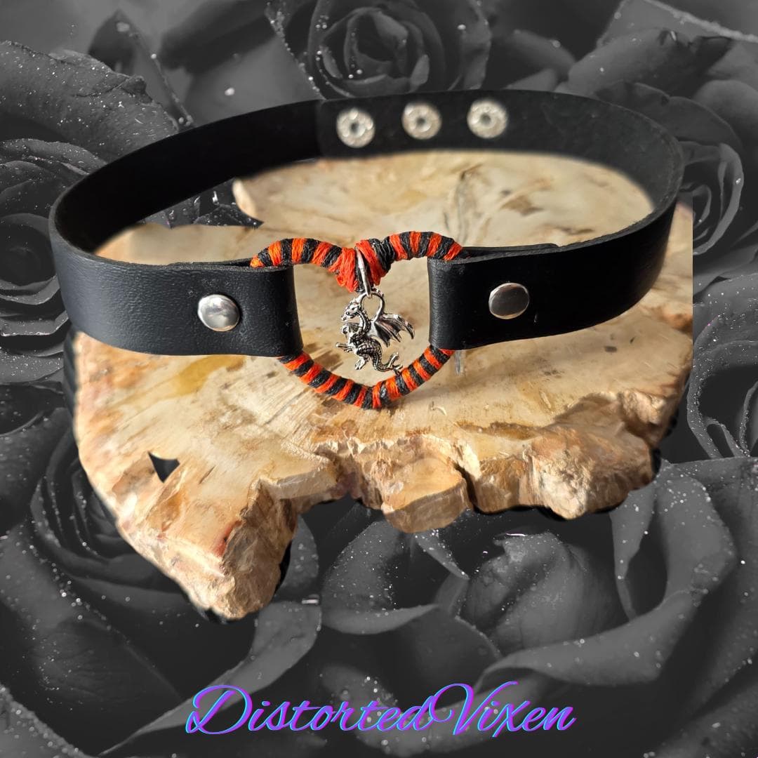 Dragon Heart Choker, Orange & Black, Gothic Faux Leather Collar - Thumbnail 3