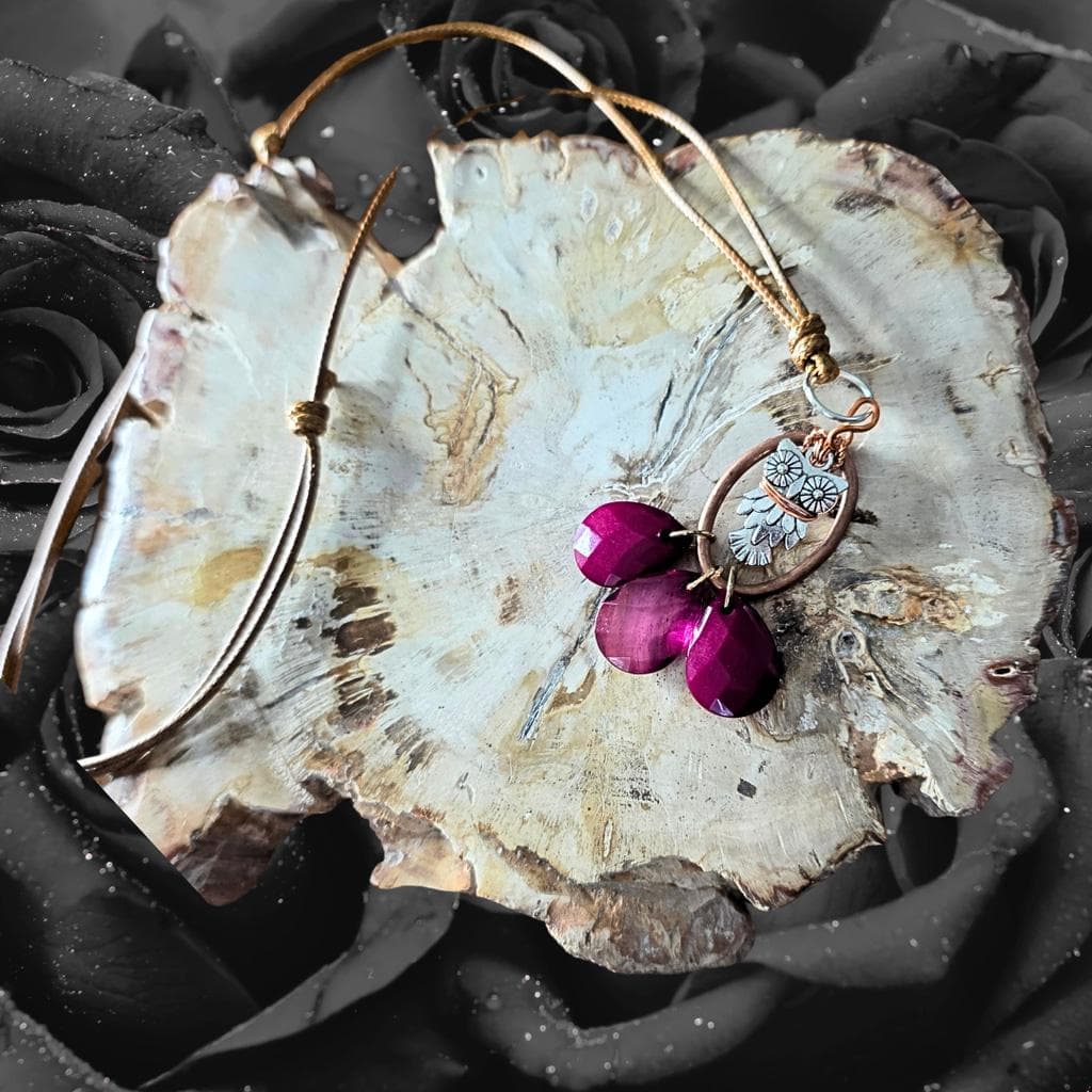 Copper Wrapped Owl Necklace with Magenta Pink Purple Drops, Adjustable Cord - Thumbnail 2