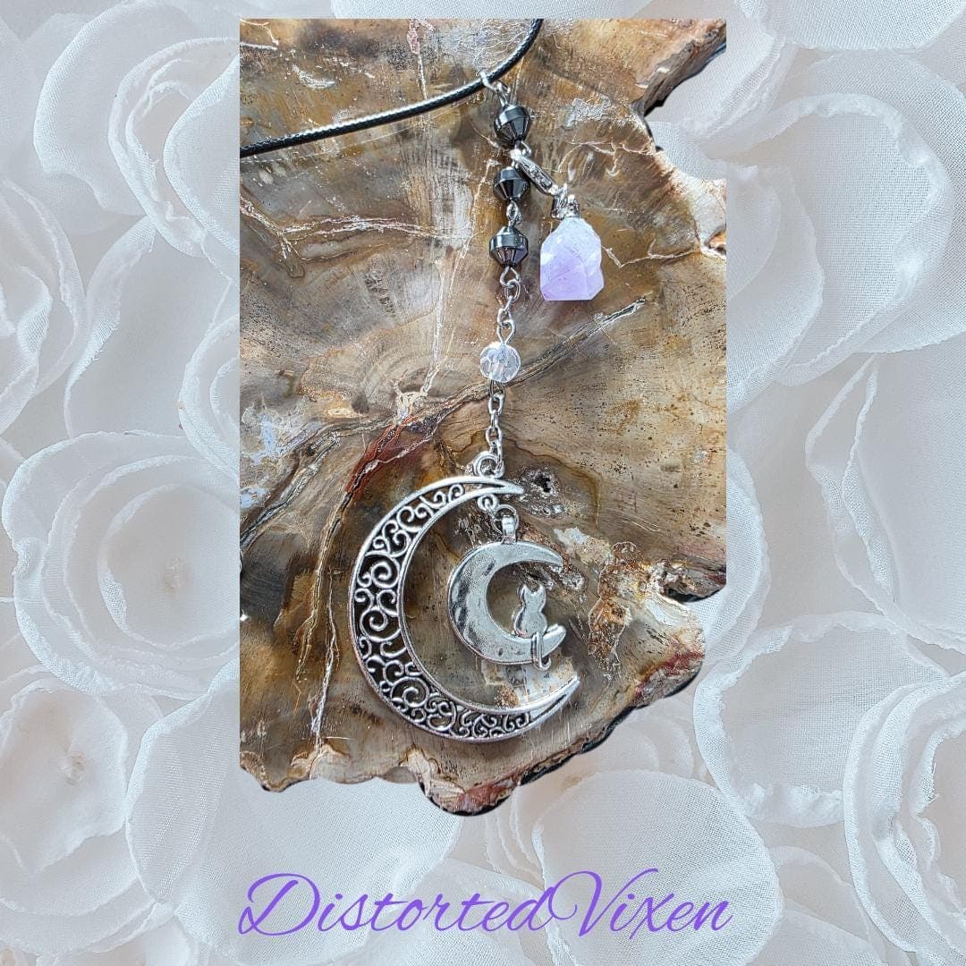Crescent Moon Cat Necklace, Amethyst, Hematite, Witchy Talisman - Thumbnail 9