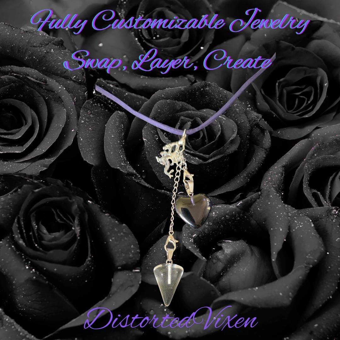 Navy Blue Glass Heart & Clear Glass Pendulum Necklace – Interchangeable Dragon Charm, Modular Gothic Jewelry - Thumbnail 7
