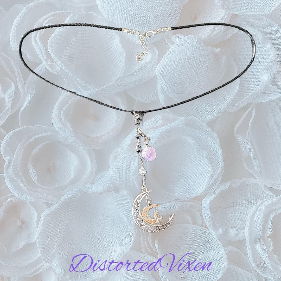 Crescent Moon Cat Necklace, Amethyst, Hematite, Witchy Talisman - Thumbnail 6