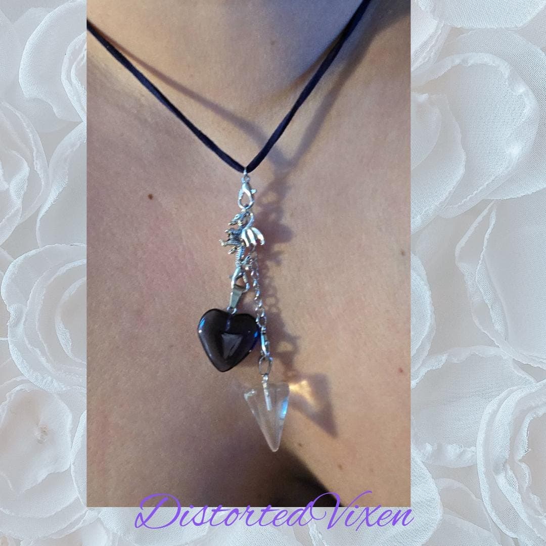 Navy Blue Glass Heart & Clear Glass Pendulum Necklace – Interchangeable Dragon Charm, Modular Gothic Jewelry - Thumbnail 4