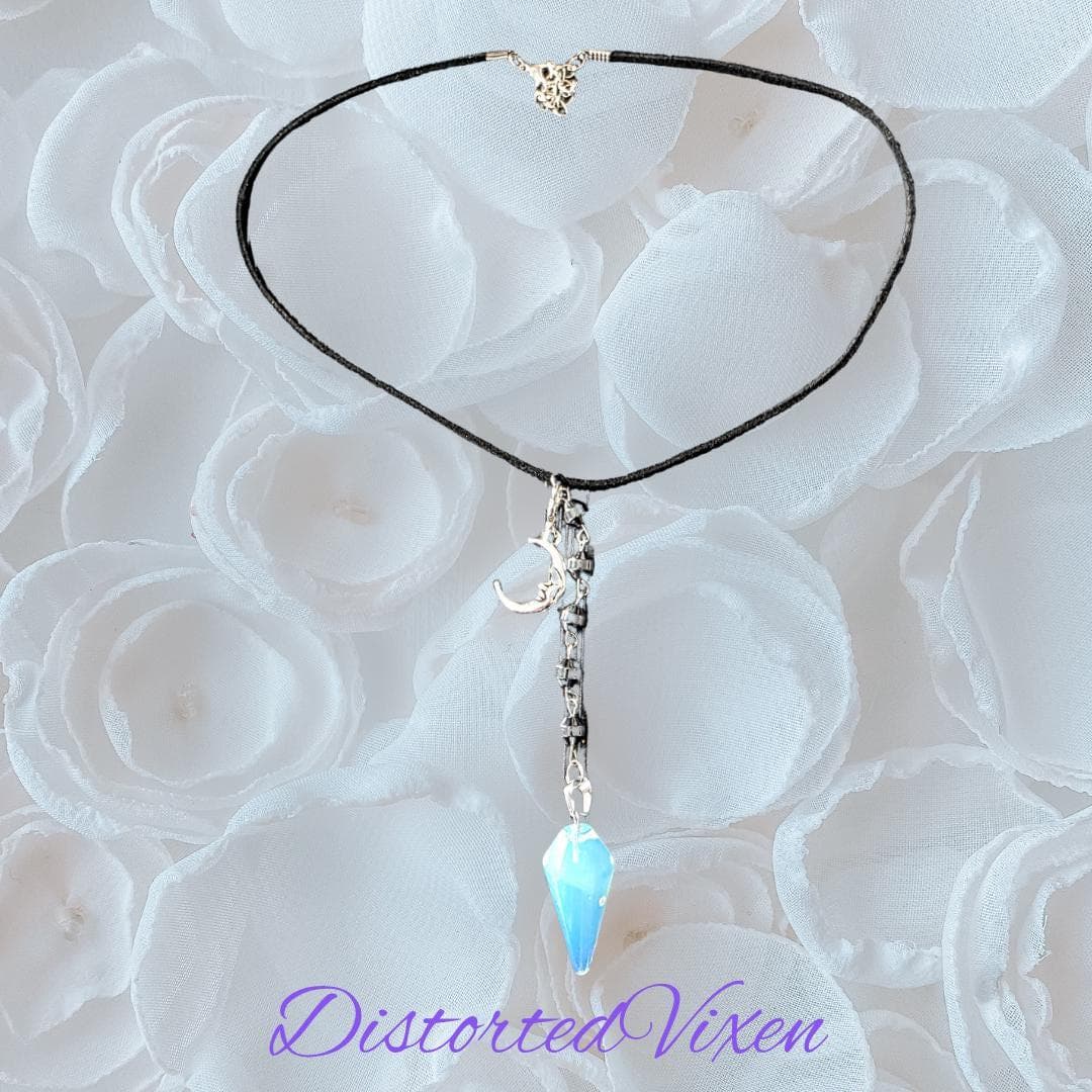 Opalite Moon Pendulum Necklace, Hematite Beads, Witchy Talisman - Thumbnail 7