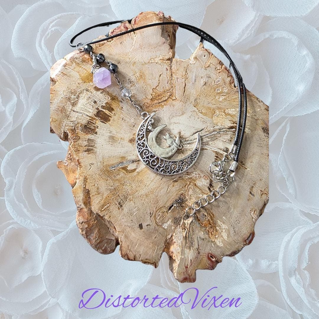 Crescent Moon Cat Necklace, Amethyst, Hematite, Witchy Talisman - Thumbnail 2