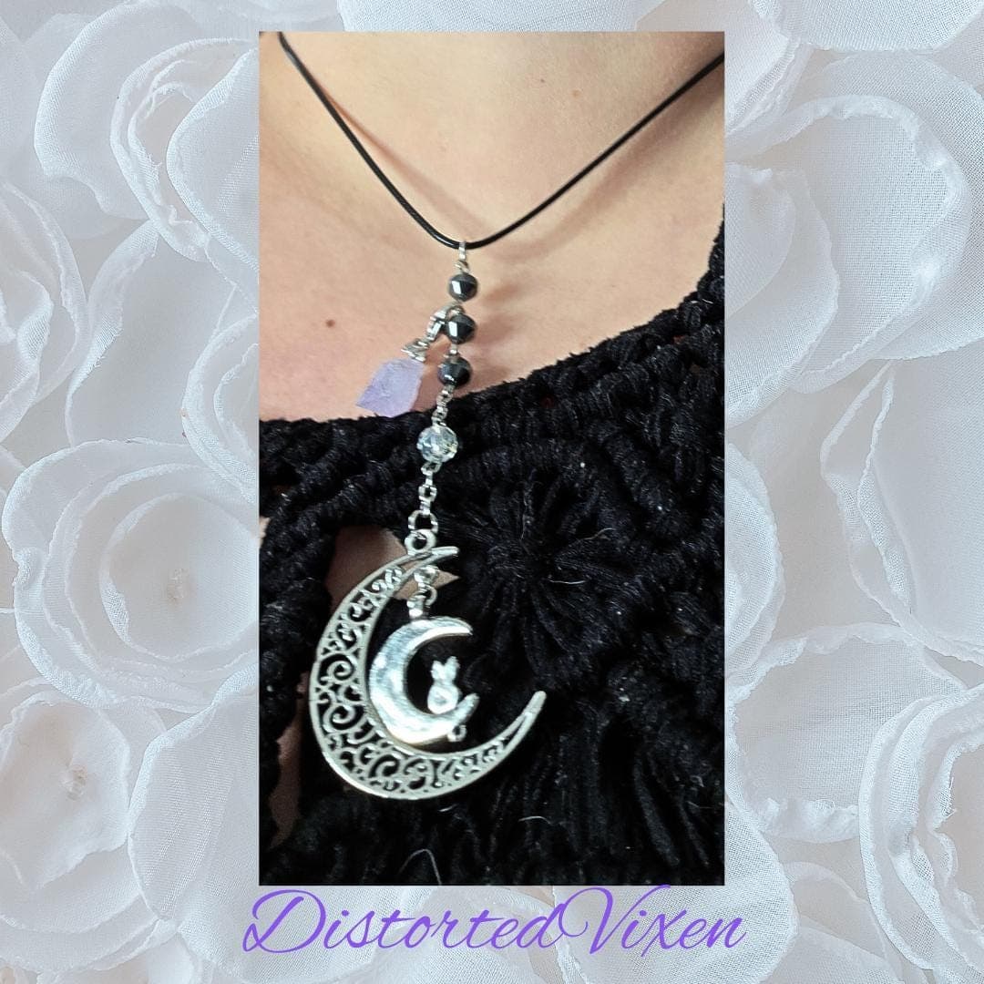 Crescent Moon Cat Necklace, Amethyst, Hematite, Witchy Talisman - Thumbnail 10