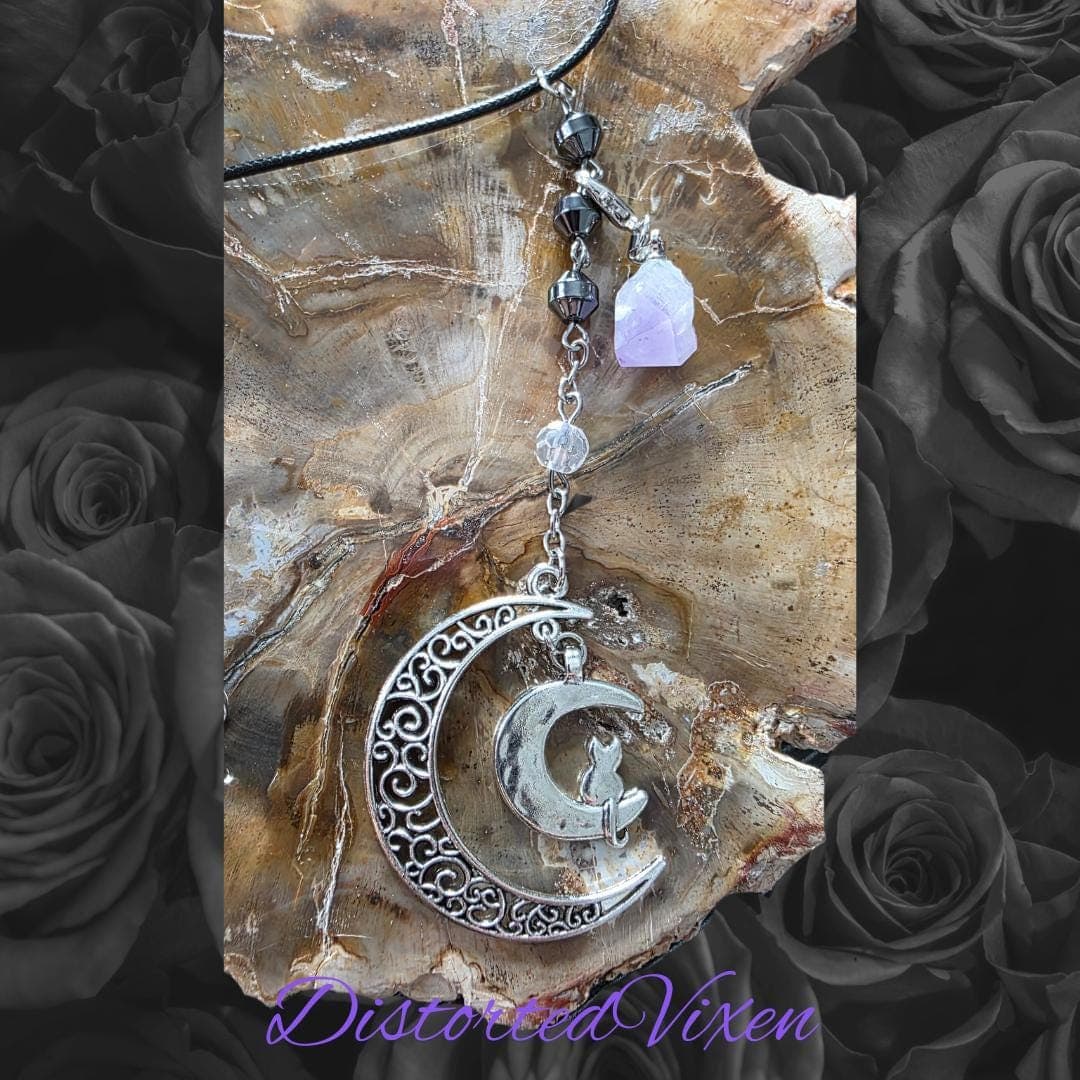 Crescent Moon Cat Necklace, Amethyst, Hematite, Witchy Talisman