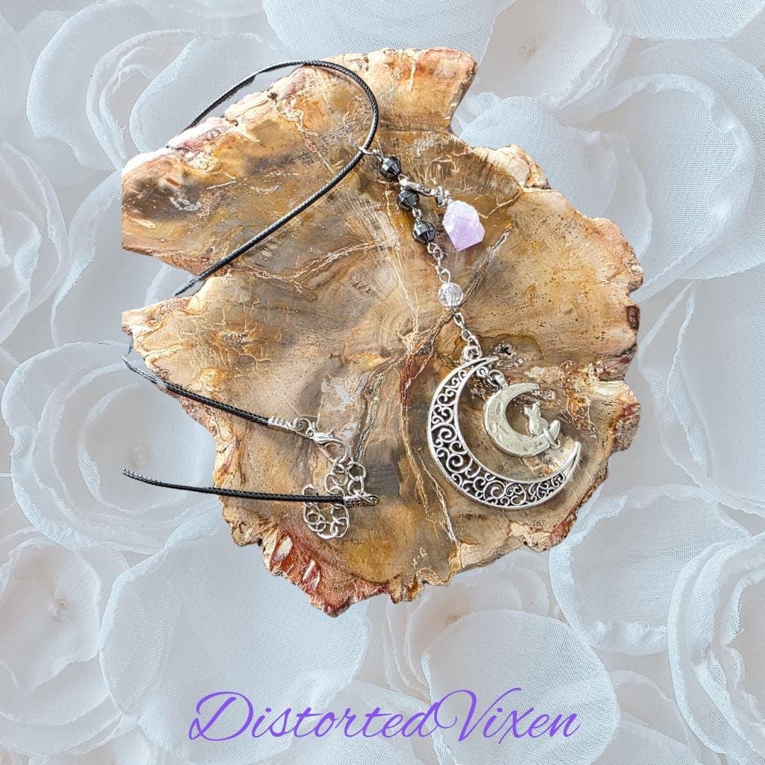 Crescent Moon Cat Necklace, Amethyst, Hematite, Witchy Talisman - Thumbnail 7