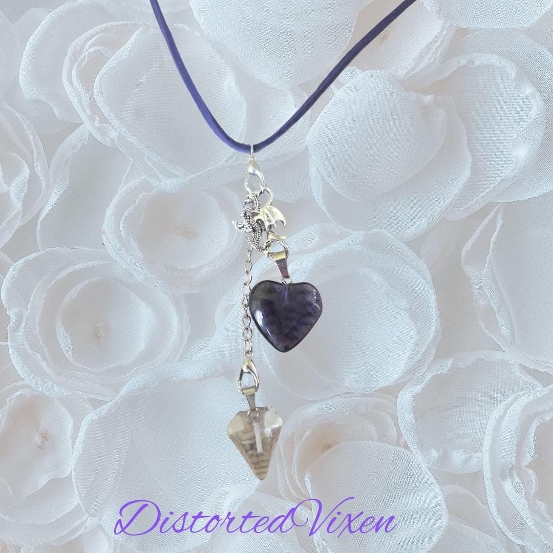 Navy Blue Glass Heart & Clear Glass Pendulum Necklace – Interchangeable Dragon Charm, Modular Gothic Jewelry - Thumbnail 5