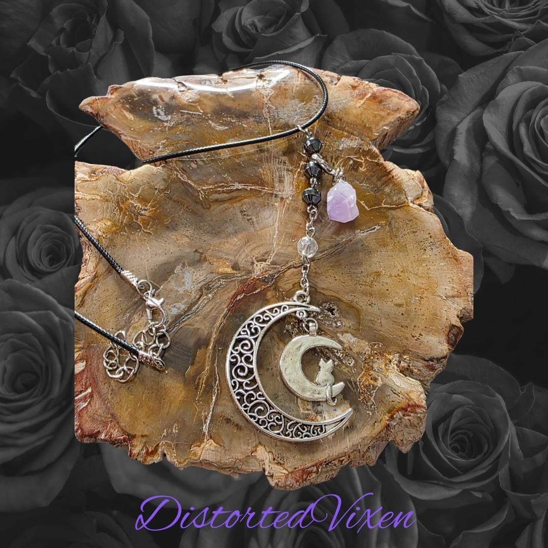 Crescent Moon Cat Necklace, Amethyst, Hematite, Witchy Talisman - Thumbnail 5