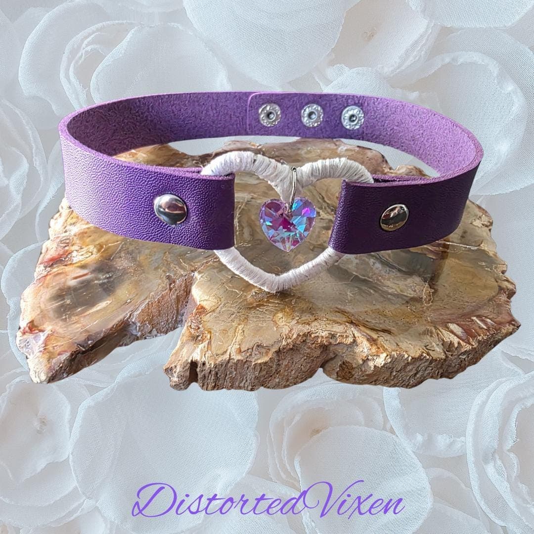 Purple Faux Leather Heart Choker – Gothic Aurora Crystal Necklace - Thumbnail 4