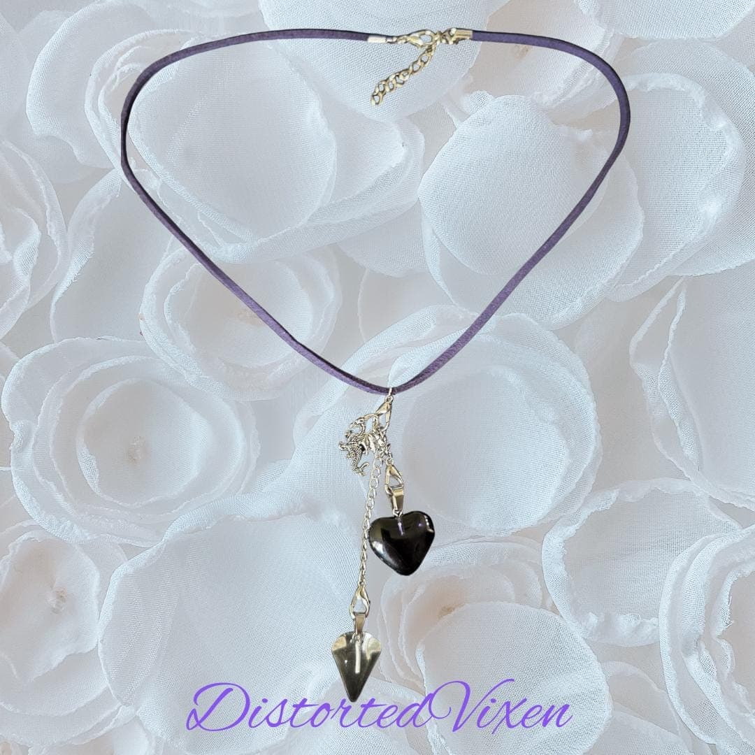 Navy Blue Glass Heart & Clear Glass Pendulum Necklace – Interchangeable Dragon Charm, Modular Gothic Jewelry - Thumbnail 3
