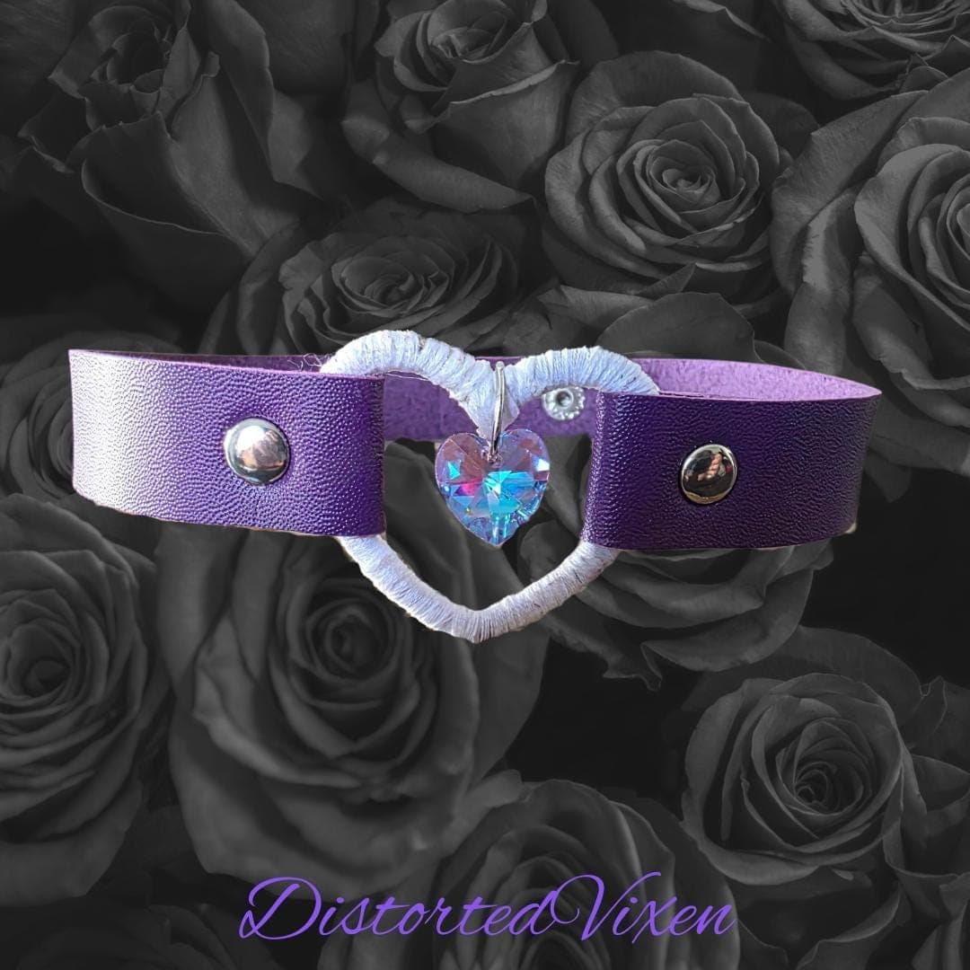 Purple Faux Leather Heart Choker – Gothic Aurora Crystal Necklace - Thumbnail 8