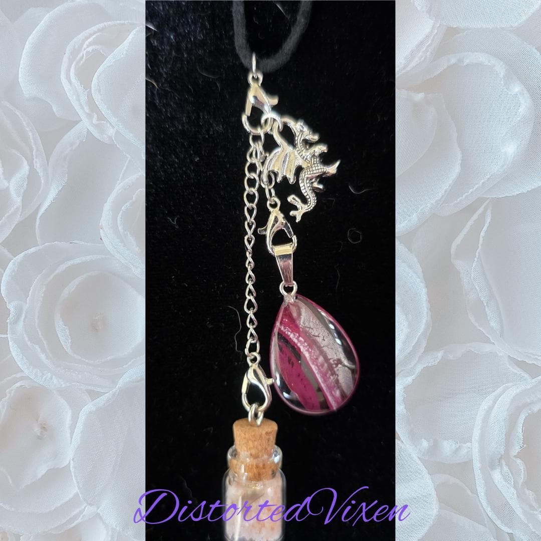 Red Glass Teardrop Necklace with Spell Bottle & Dragon Charm | Interchangeable Ritual Jewelry - Thumbnail 3