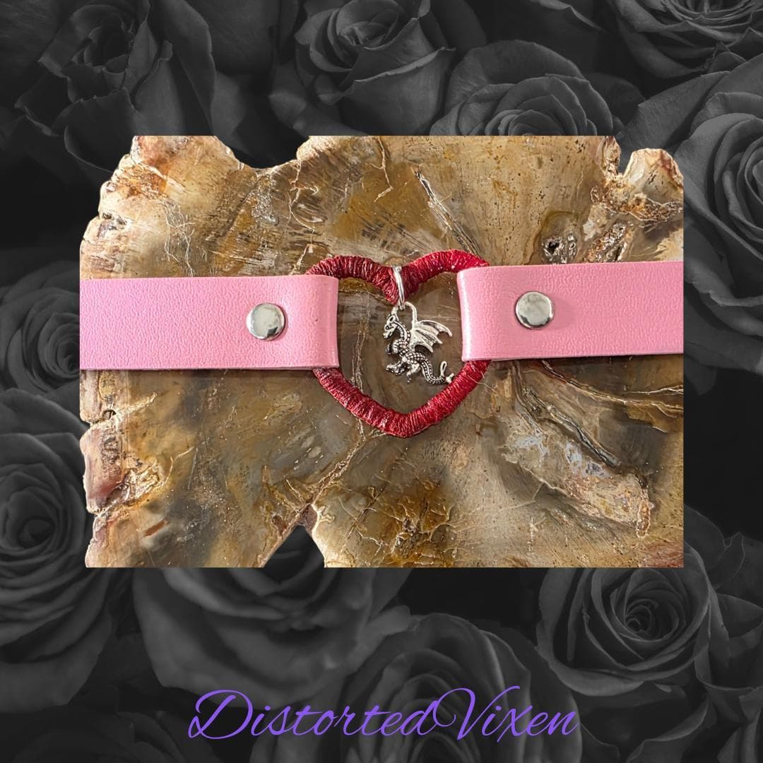 Pink Heart Choker Necklace with Dragon Charm – Adjustable Faux Leather Choker – Gothic Romance Collar - Thumbnail 2