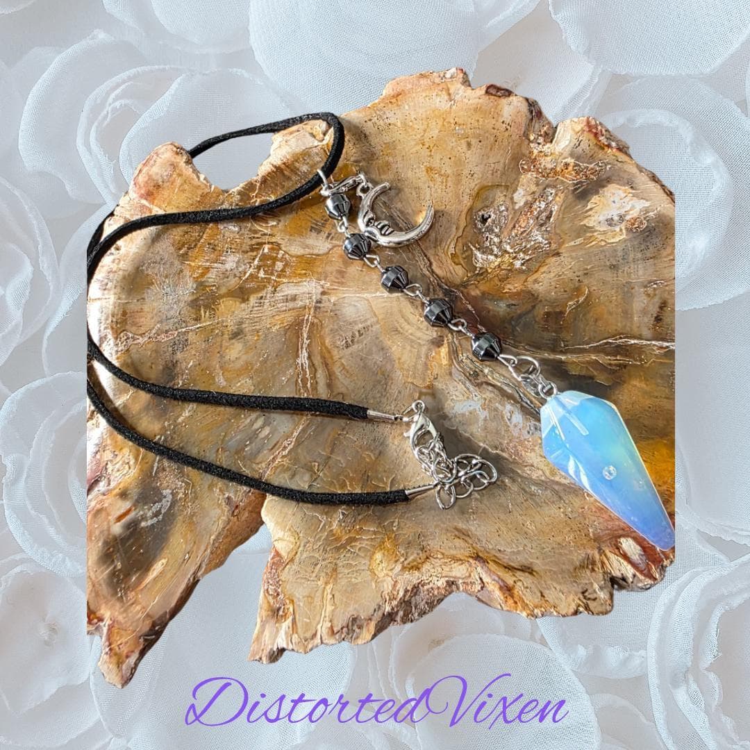Opalite Moon Pendulum Necklace, Hematite Beads, Witchy Talisman - Thumbnail 11