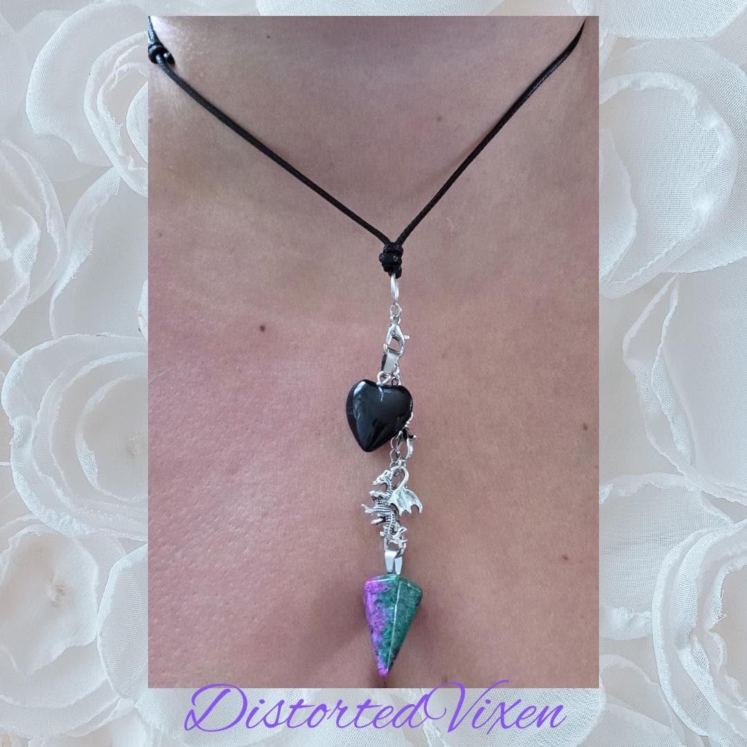 Black Obsidian Heart & Ruby Zoisite Pendulum Necklace – Interchangeable Dragon Charm Jewelry, Gothic Crystal Necklace - Thumbnail 6
