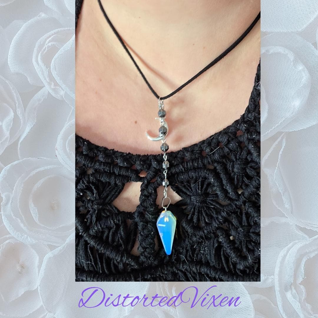 Opalite Moon Pendulum Necklace, Hematite Beads, Witchy Talisman - Thumbnail 6