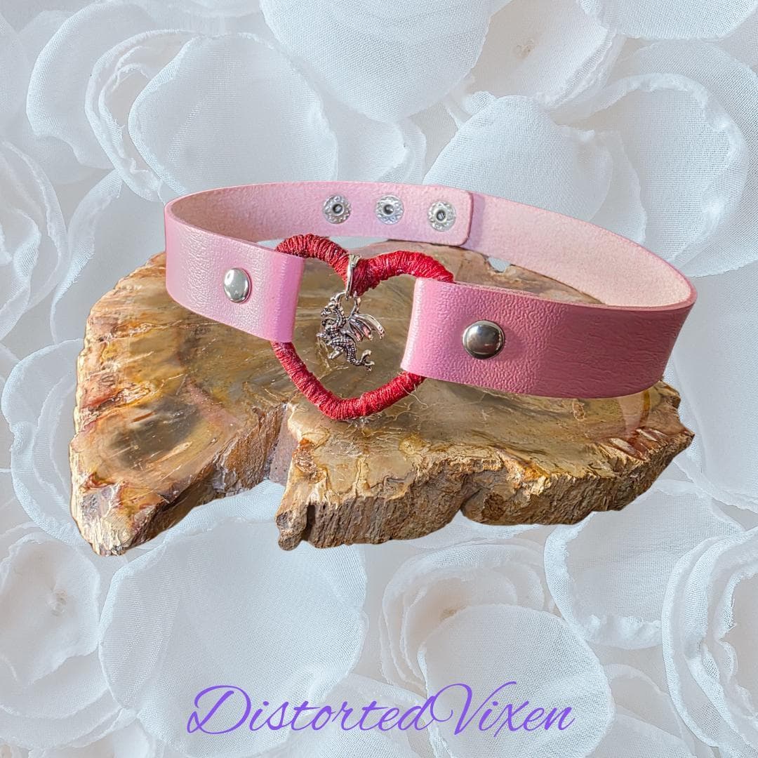 Pink Heart Choker Necklace with Dragon Charm – Adjustable Faux Leather Choker – Gothic Romance Collar