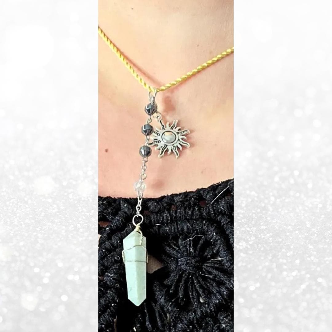 Amazonite Sun Necklace, Courage Stone Pendant, Celestial Gold Cord Choker, Truth & Harmony Crystal, Boho Sun Jewelry, Spiritual Empowerment