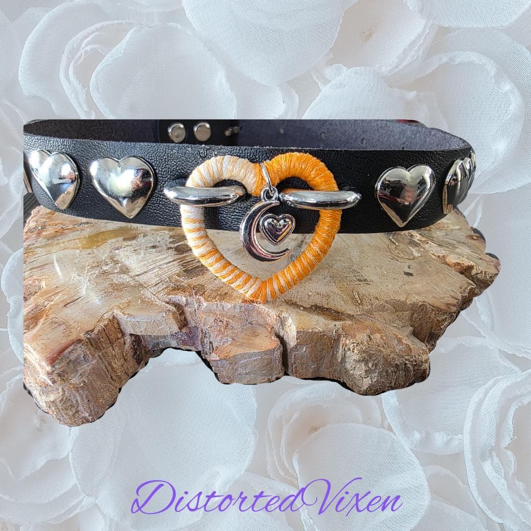 Gothic Faux Leather Heart Choker – Silver Moon Charm, Hand-Wrapped