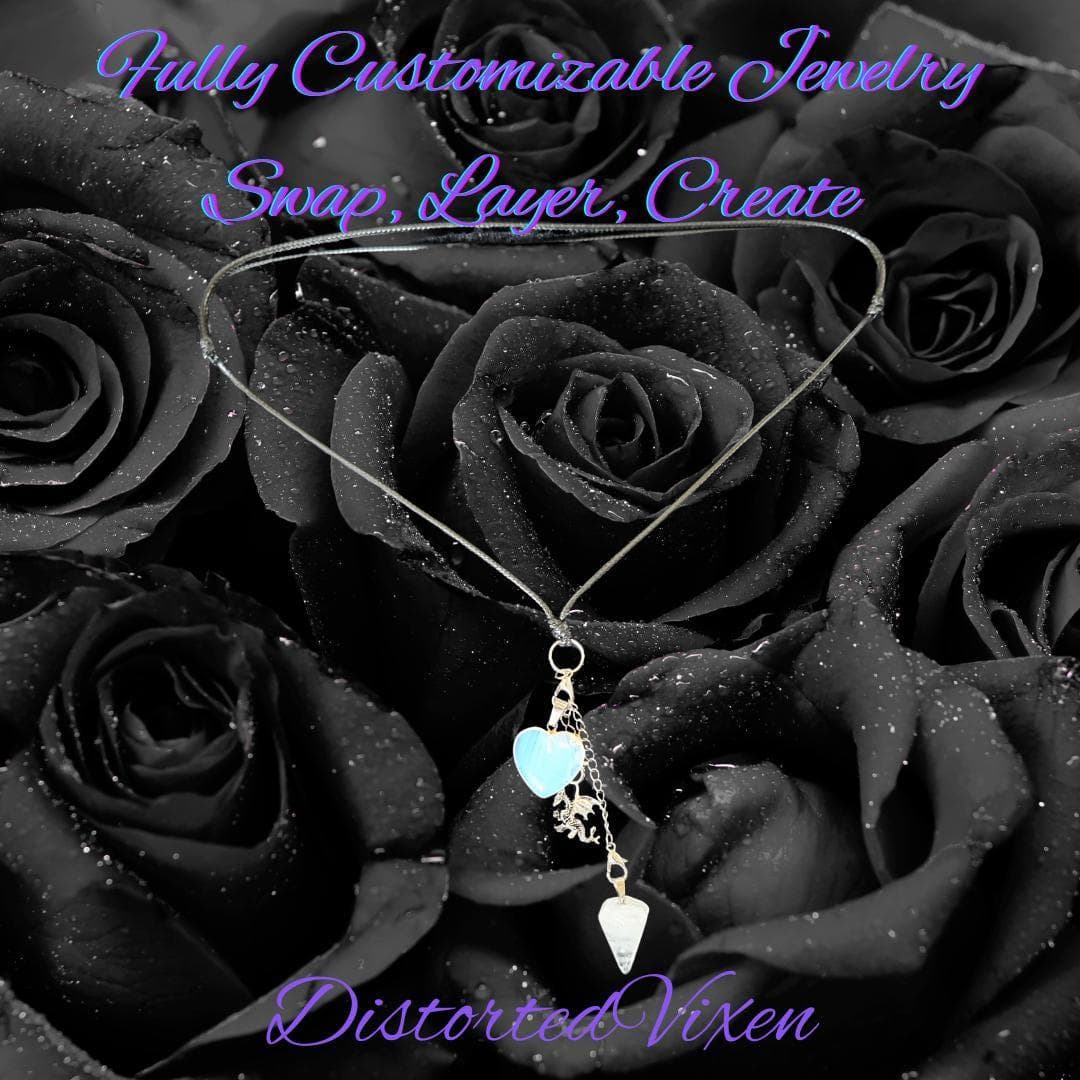 Quartz Pendulum & Opalite Heart Necklace – Interchangeable Dragon Charm, Modular Gothic Jewelry - Thumbnail 6