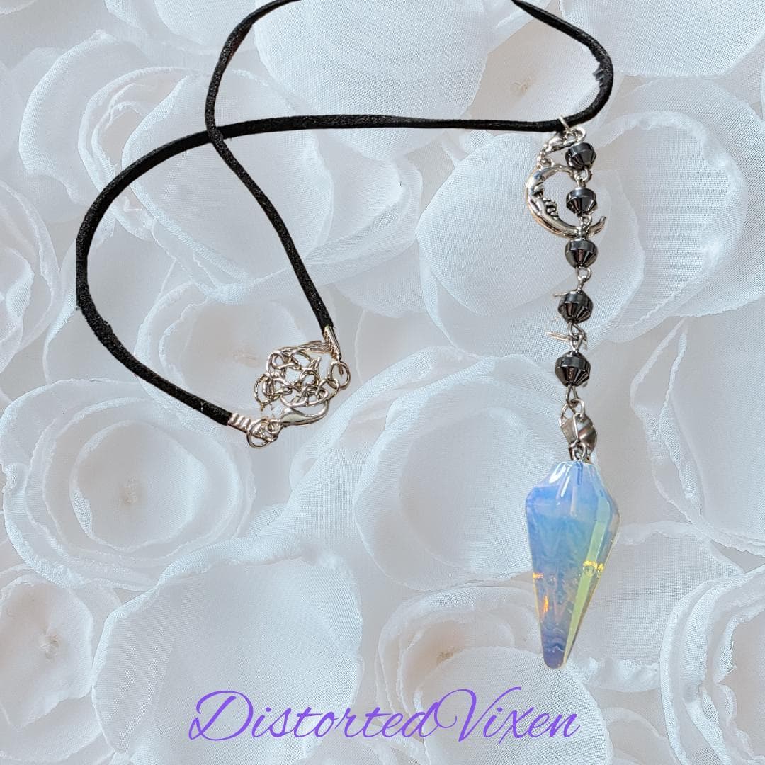 Opalite Moon Pendulum Necklace, Hematite Beads, Witchy Talisman - Thumbnail 9
