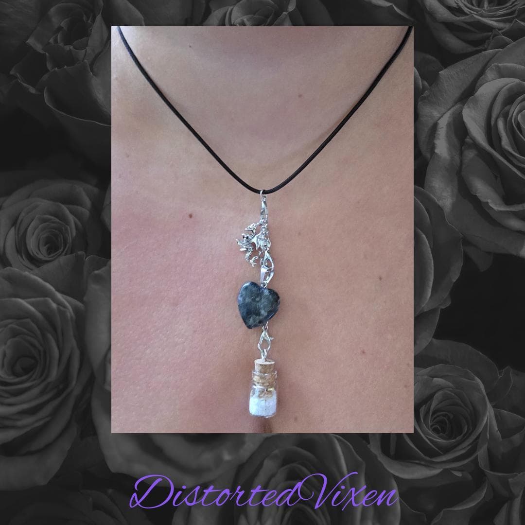 Labradorite Heart Necklace with Spell Bottle & Dragon Charm | Interchangeable Ritual Jewelry - Thumbnail 2