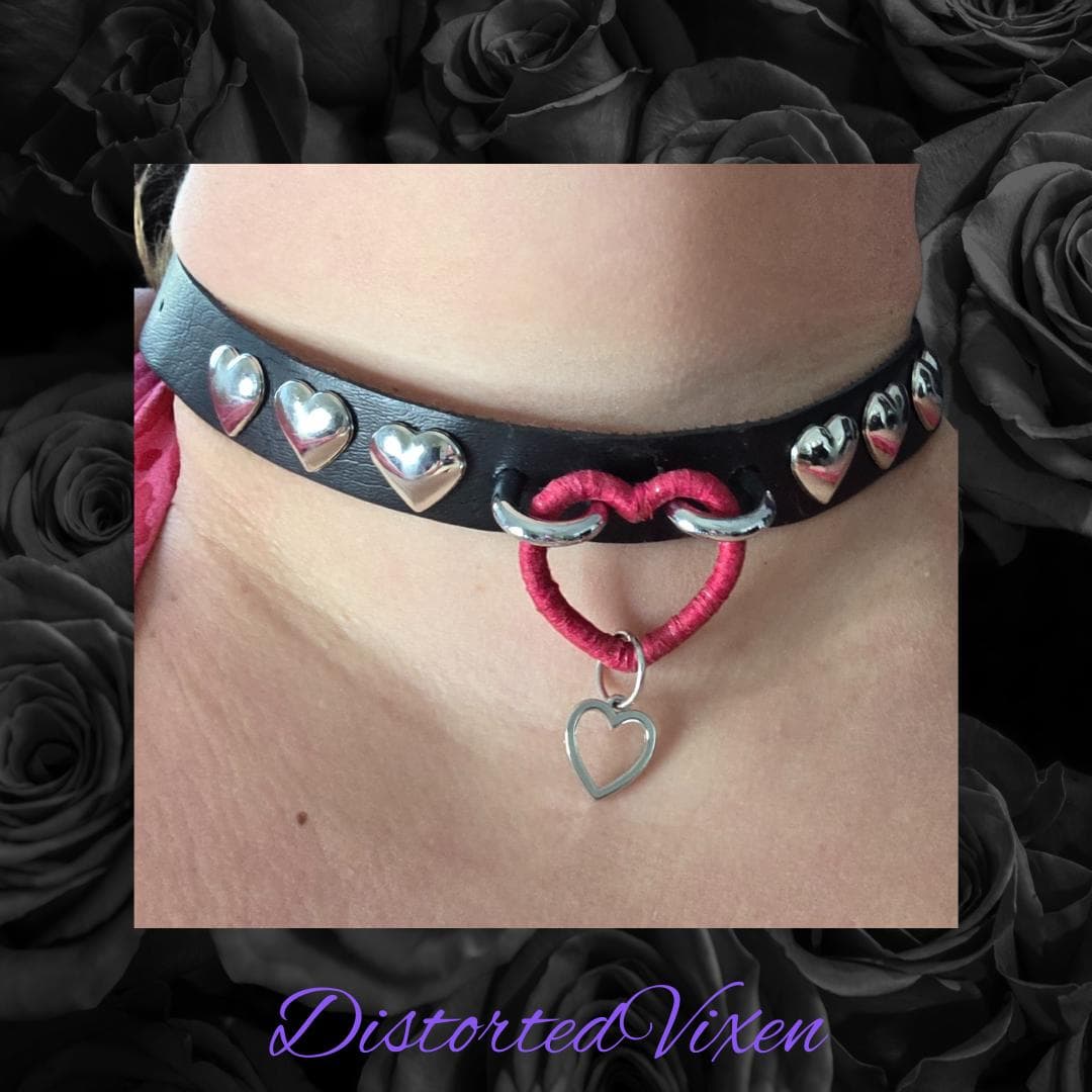Black Faux Leather Heart Choker – Gothic Silver Studded Collar - Thumbnail 3