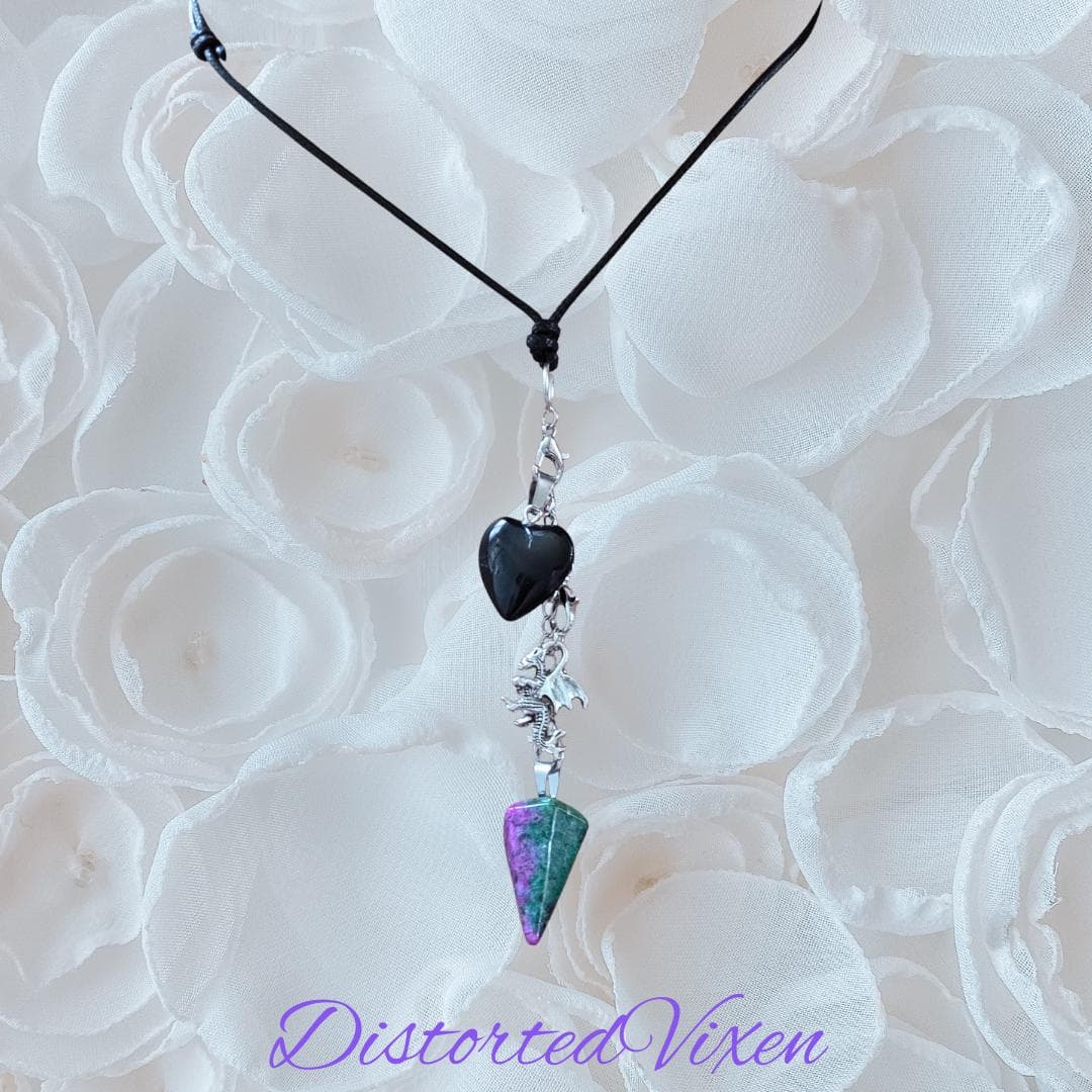 Black Obsidian Heart & Ruby Zoisite Pendulum Necklace – Interchangeable Dragon Charm Jewelry, Gothic Crystal Necklace - Thumbnail 7