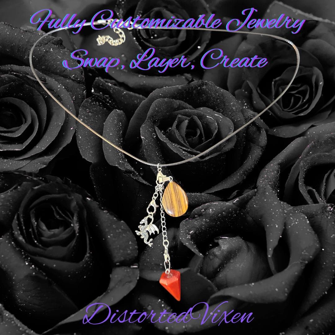 Interchangeable Crystal Charm Necklace, Red Jasper, Tiger's Eye, Dragon Charm - Thumbnail 2
