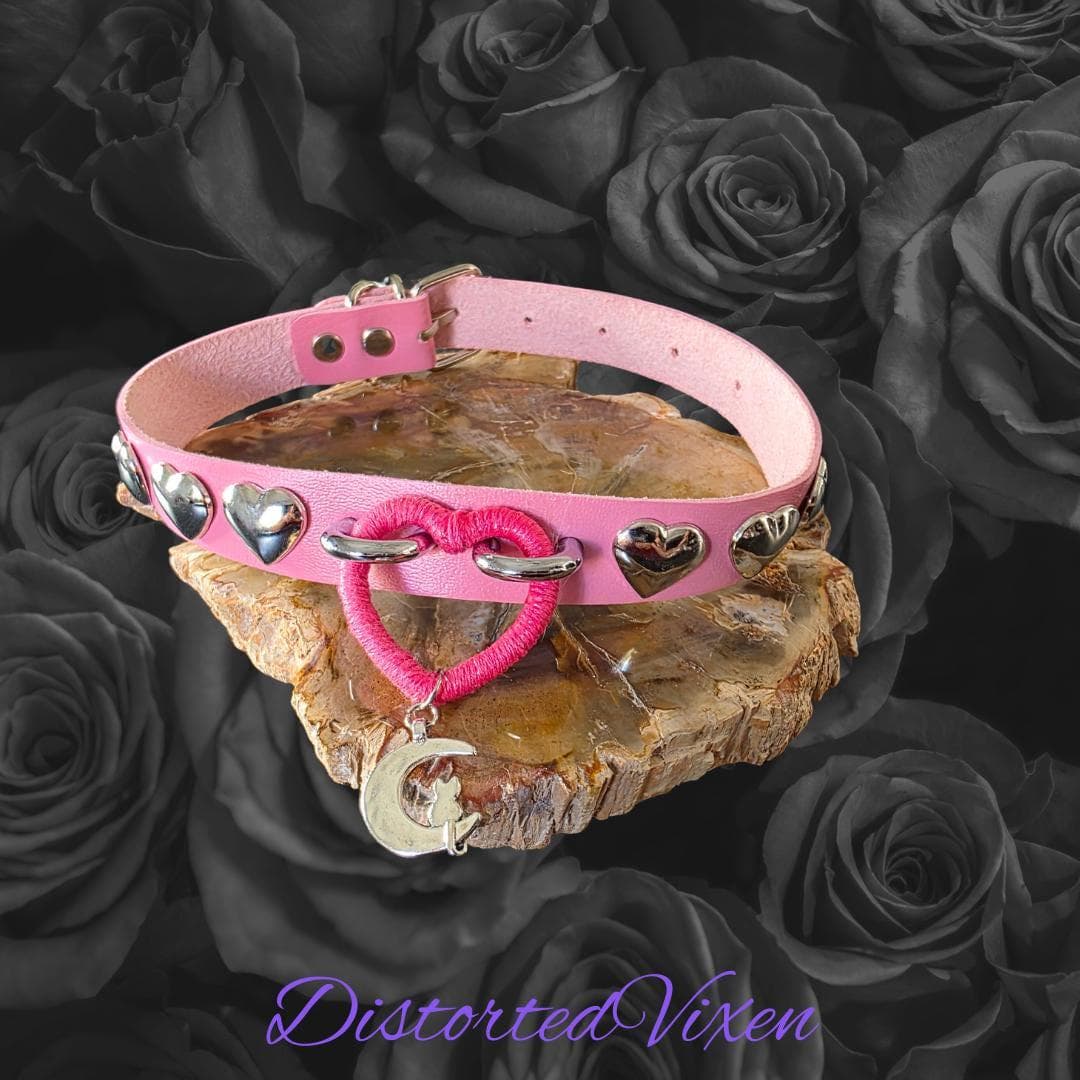 Pink Heart Choker with Moon Charm – Adjustable Faux Leather Choker Necklace – Gothic Valentine Collar