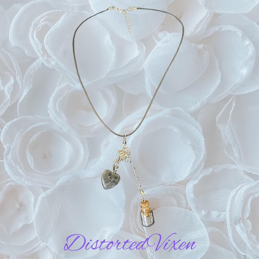 Labradorite Heart Necklace with Spell Bottle & Dragon Charm | Interchangeable Ritual Jewelry - Thumbnail 4