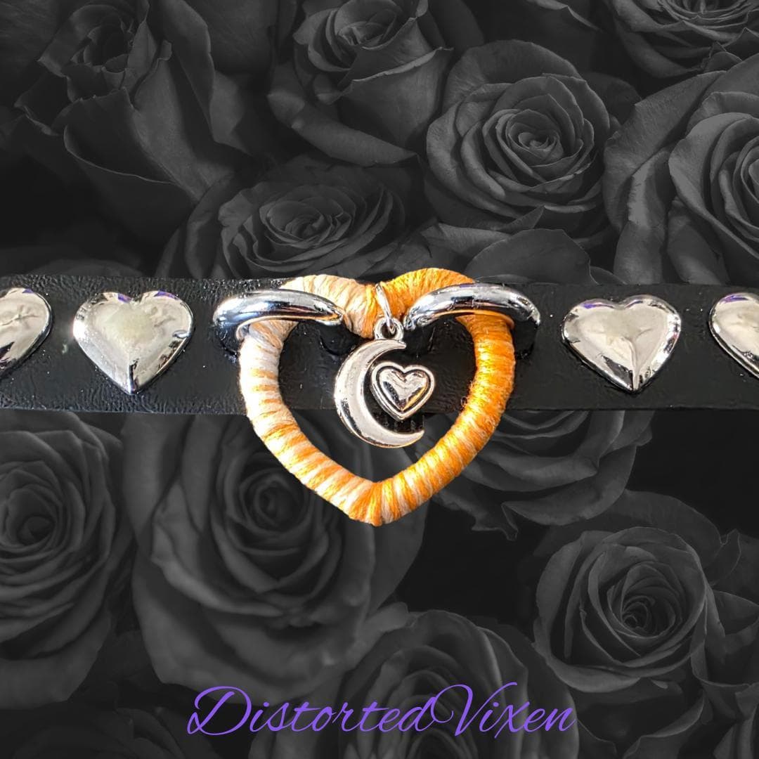 Gothic Faux Leather Heart Choker – Silver Moon Charm, Hand-Wrapped - Thumbnail 4