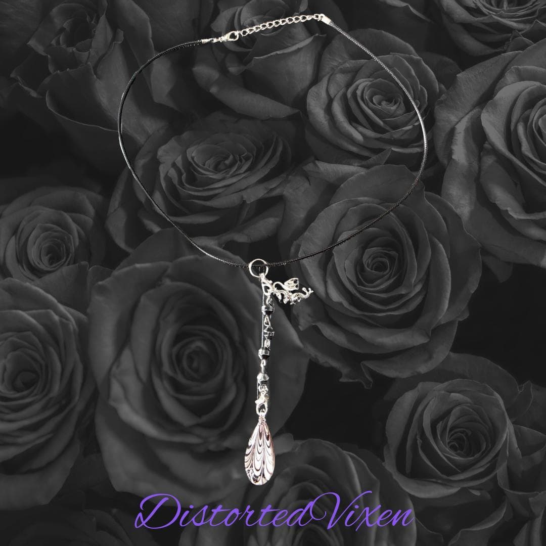 Dragon Hematite Necklace, Burgundy Lace Glass Pendant, Gothic Talisman - Thumbnail 3