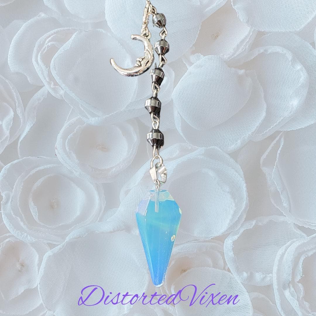 Opalite Moon Pendulum Necklace, Hematite Beads, Witchy Talisman - Thumbnail 8