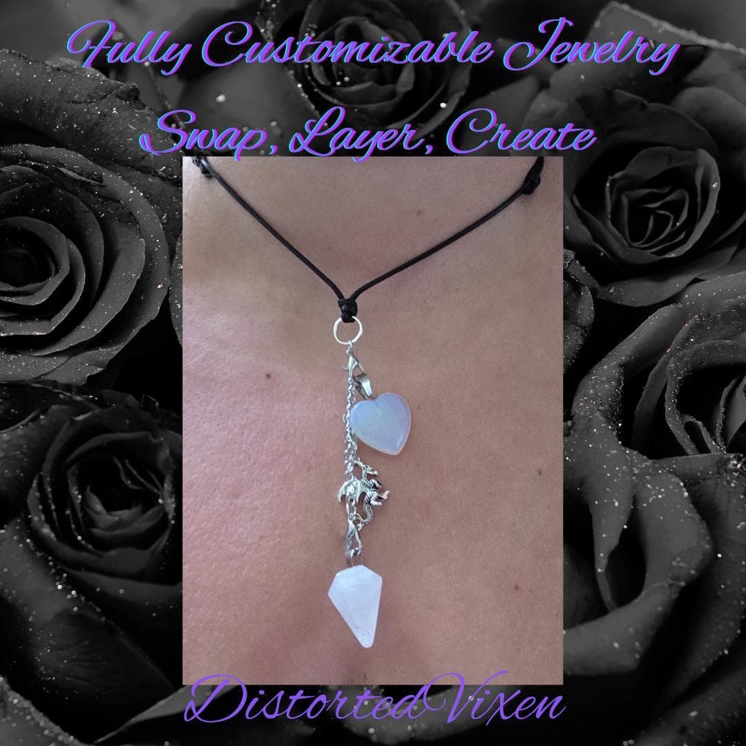 Quartz Pendulum & Opalite Heart Necklace – Interchangeable Dragon Charm, Modular Gothic Jewelry - Thumbnail 4