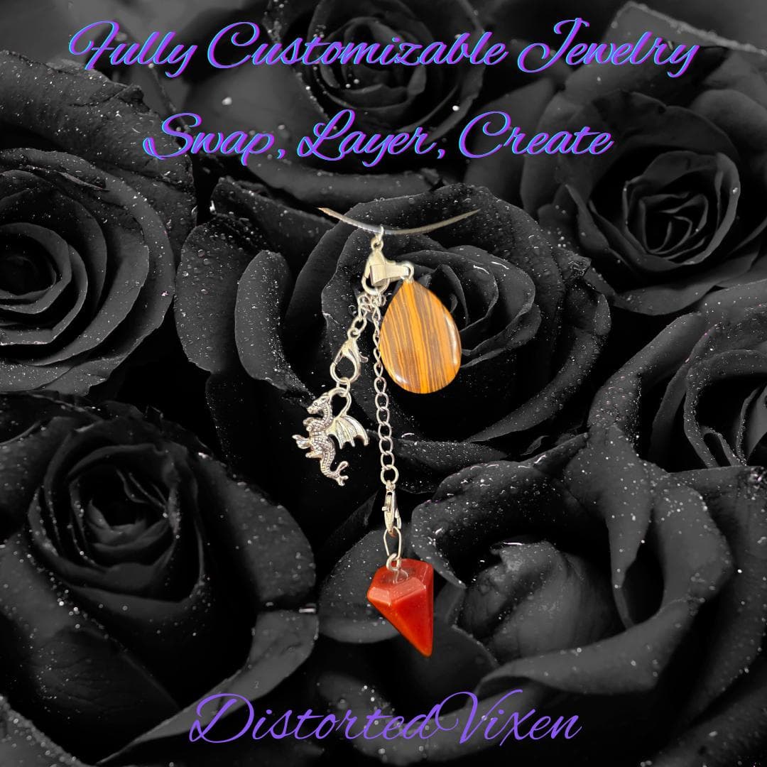 Interchangeable Crystal Charm Necklace, Red Jasper, Tiger's Eye, Dragon Charm - Thumbnail 3