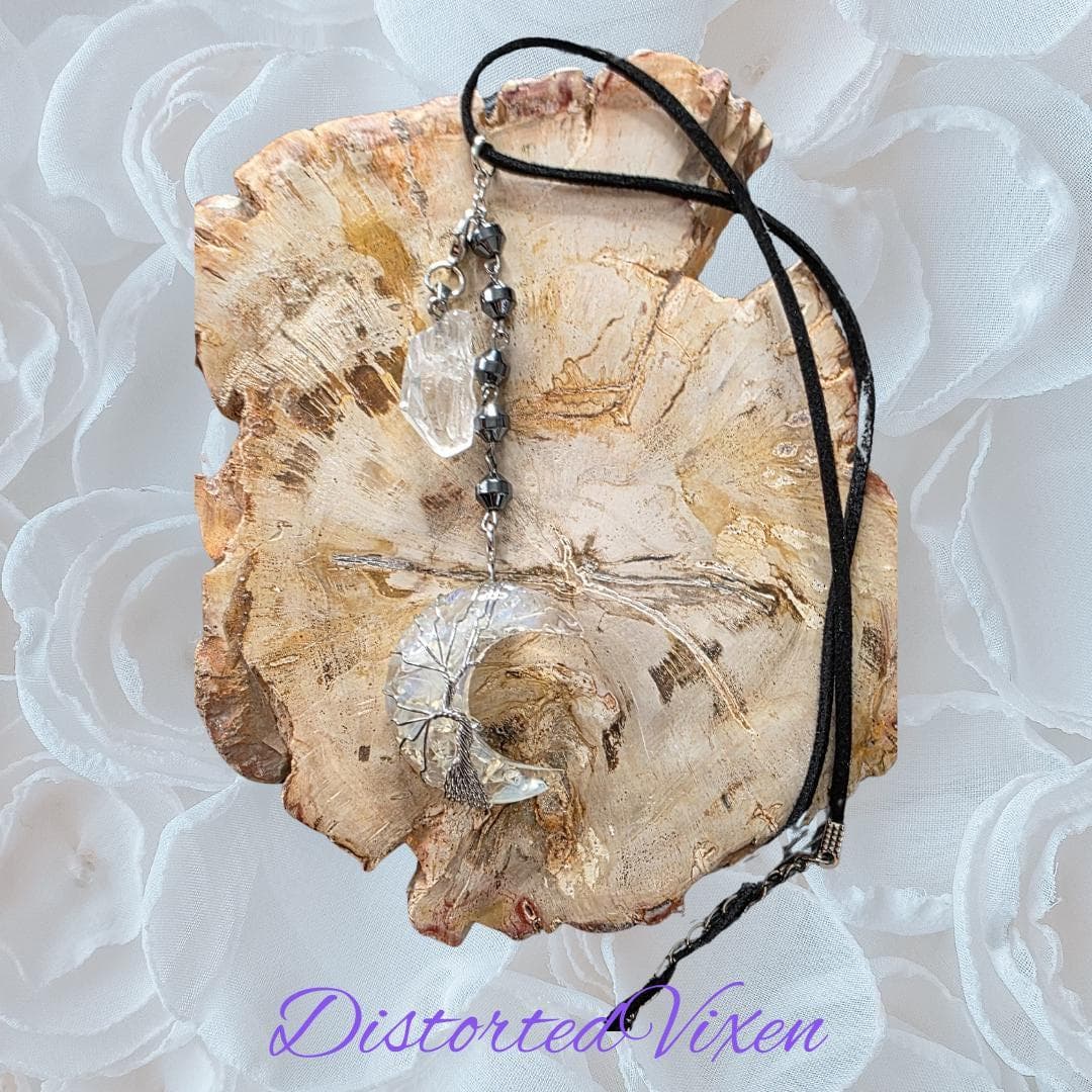 Opal Crescent Moon Necklace, Clear Quartz, Hematite, Witchy Goth Jewelry - Thumbnail 9